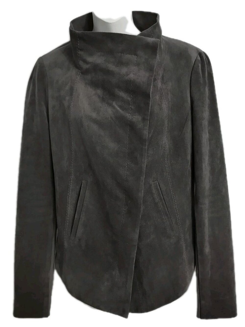 BCBGMaxazria Women Size S Gray Long Sleeve Button-Up Suede Jacket Asymmetric
